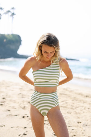 Emma High Waisted Bottoms | Olive Striped Ribbed Full Coverage with Supportive Band
