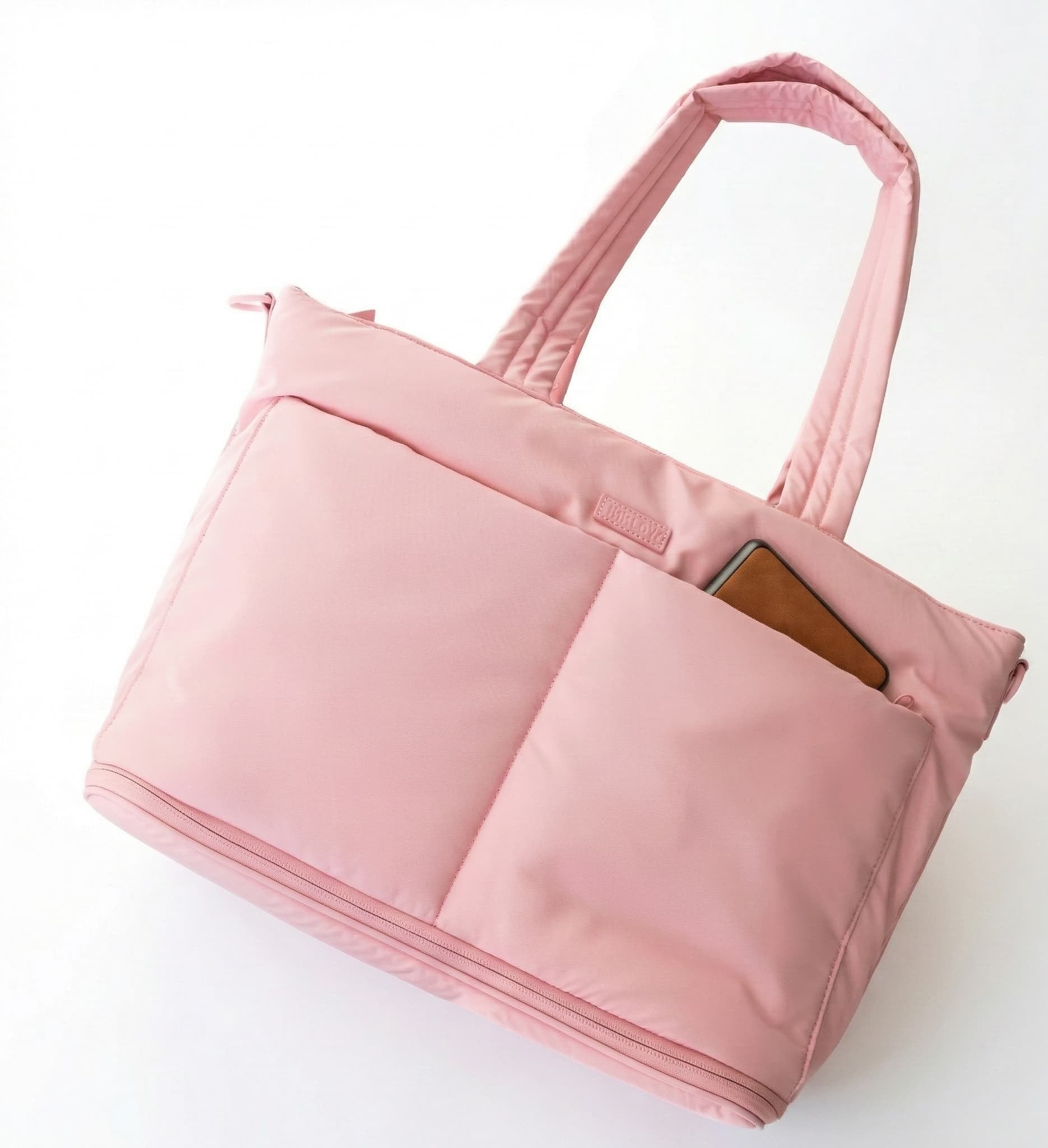 Pink tote bag with a pocket on a white background
