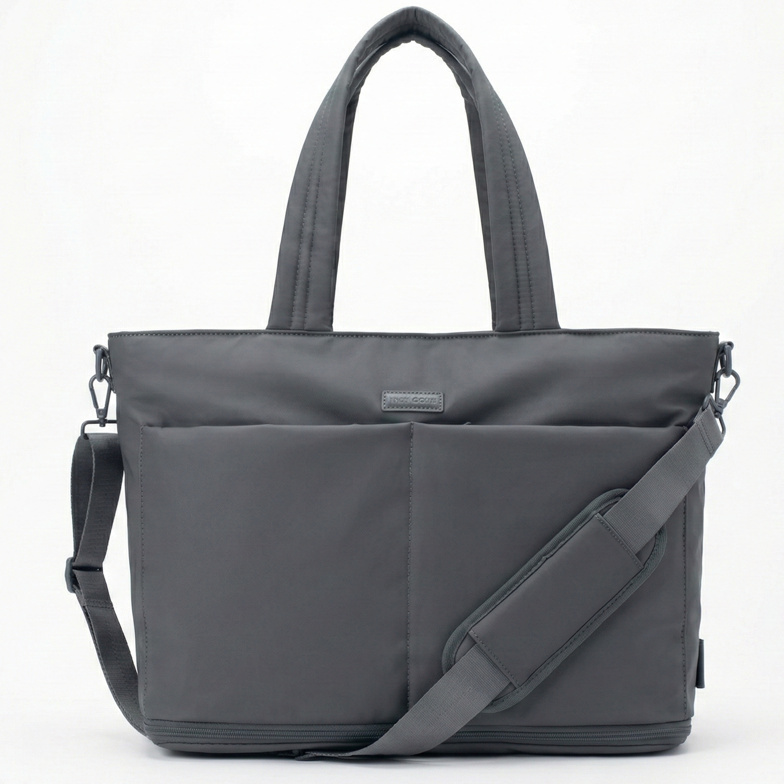 Gray tote bag with shoulder strap on a white background